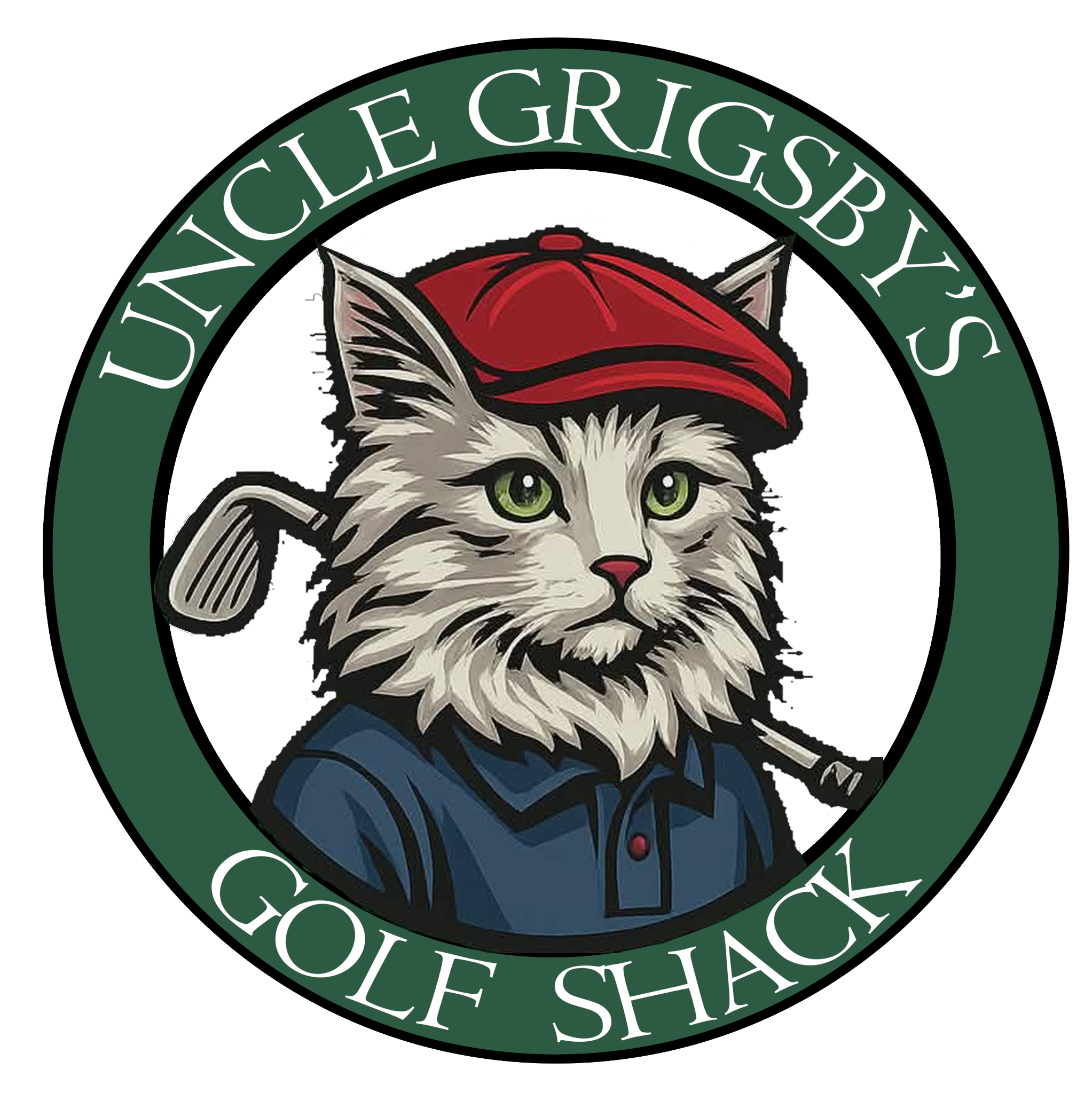 Official Uncle Grigsby Golf Shack logo featuring a silver Maine Coon in a red cap